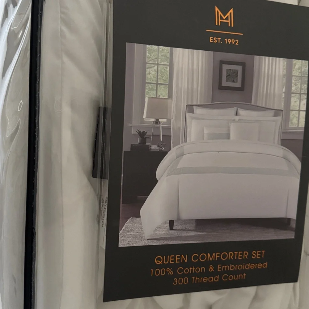NEW! COMFORTER SET 100% COTTON 5 PIECES QUEEN MANOR HOTEL WHITE FROSTED BLUE SKY
